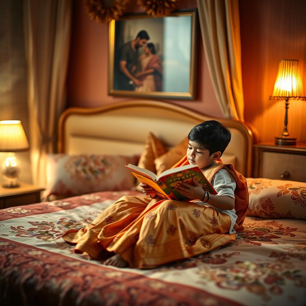 A warm scene capturing a loving and caring Indian mother with her son in a beautifully decorated bedroom