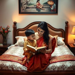 A warm scene capturing a loving and caring Indian mother with her son in a beautifully decorated bedroom