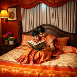 A warm scene capturing a loving and caring Indian mother with her son in a beautifully decorated bedroom