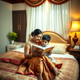 A warm scene capturing a loving and caring Indian mother with her son in a beautifully decorated bedroom