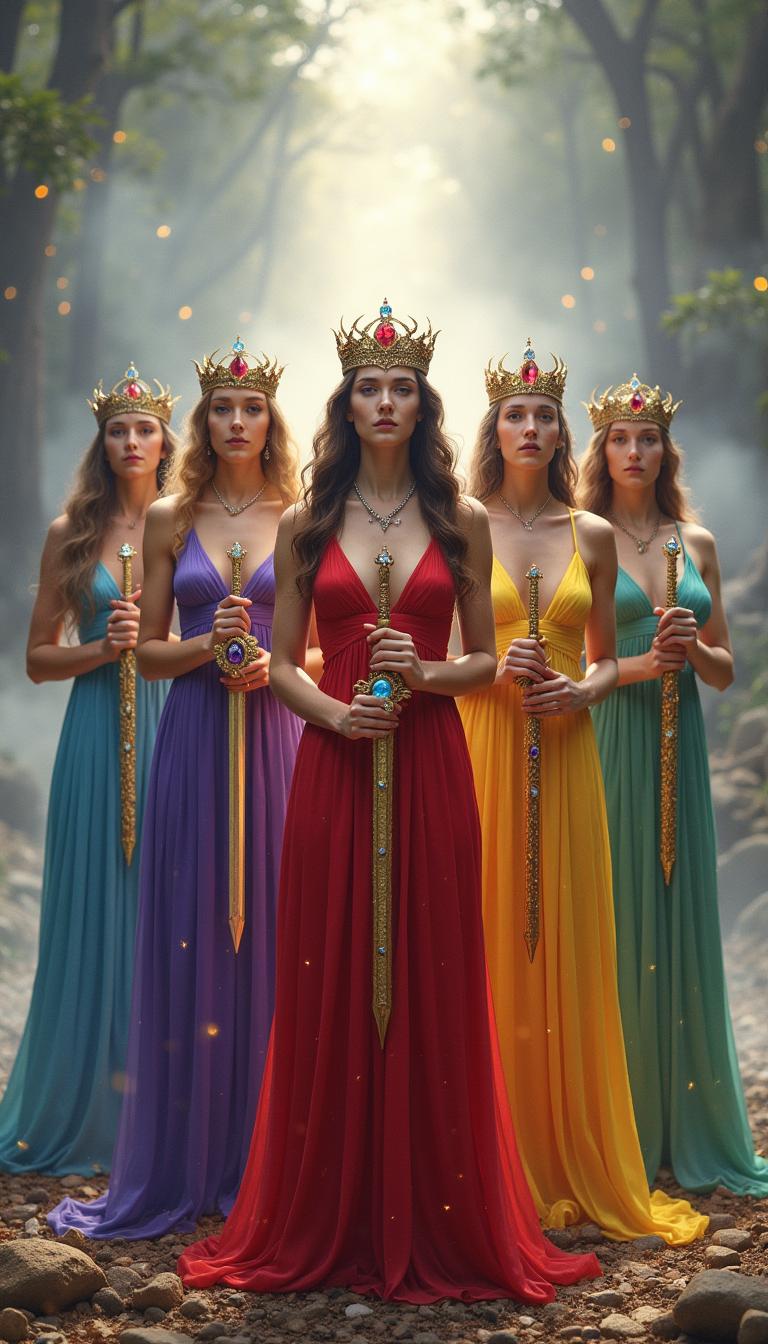 Five goddesses standing majestically, each wearing a distinct flowing dress in different colors