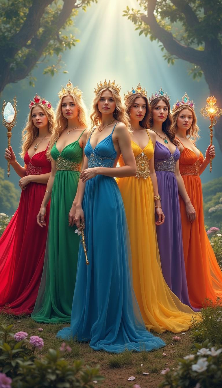 Six goddesses standing in a mystical landscape, each wearing a different color flowing dress