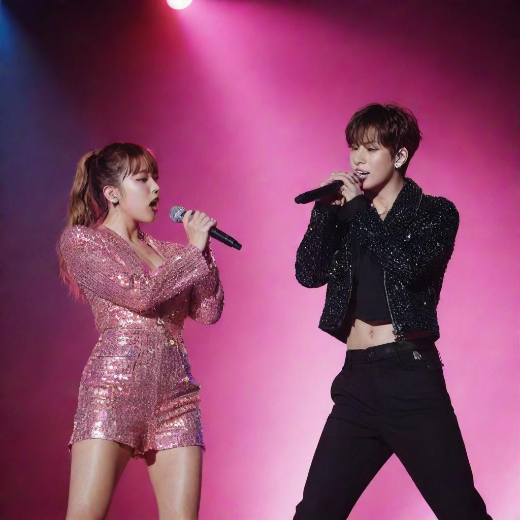 K-pop stars Lisa and Jungkook performing a passionate duet onstage. They are under vibrant lighting, energetically singing with microphones and dressed in dazzling stage outfits.