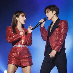 K-pop stars Lisa and Jungkook performing a passionate duet onstage. They are under vibrant lighting, energetically singing with microphones and dressed in dazzling stage outfits.