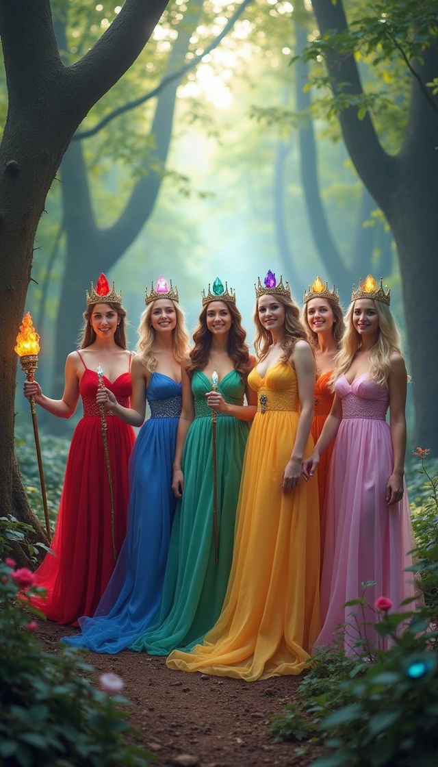 Six goddesses standing gracefully in an enchanted forest, each in a uniquely colored flowing dress and holding a wand