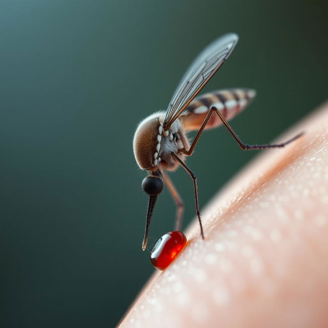 A close-up depiction of a mosquito feeding on human skin, capturing the intricate details of the mosquito's body and its delicate wings