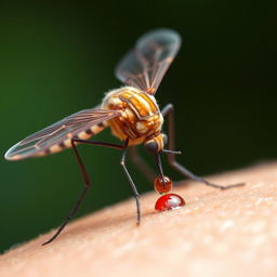 A close-up depiction of a mosquito feeding on human skin, capturing the intricate details of the mosquito's body and its delicate wings