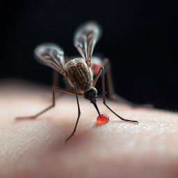 A close-up depiction of a mosquito feeding on human skin, capturing the intricate details of the mosquito's body and its delicate wings