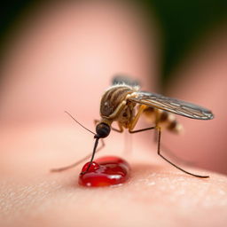 A close-up depiction of a mosquito feeding on human skin, capturing the intricate details of the mosquito's body and its delicate wings