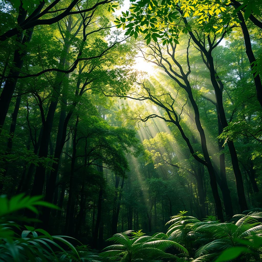 A beautiful natural-themed chat wallpaper for WhatsApp, showcasing a lush forest with sunlight streaming through the canopy, creating a serene and calming atmosphere