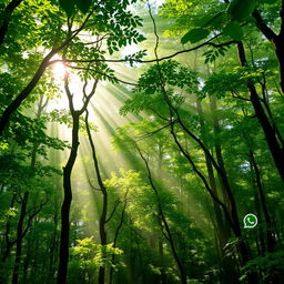 A beautiful natural-themed chat wallpaper for WhatsApp, showcasing a lush forest with sunlight streaming through the canopy, creating a serene and calming atmosphere