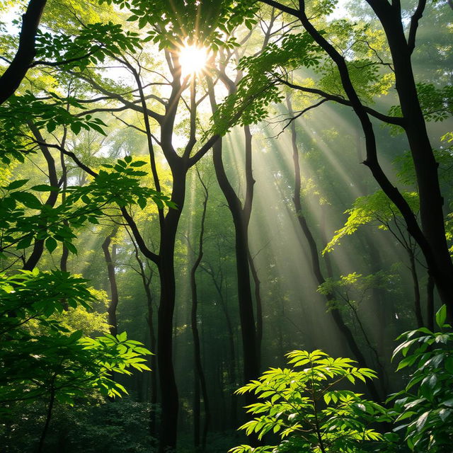 A beautiful natural-themed chat wallpaper for WhatsApp, showcasing a lush forest with sunlight streaming through the canopy, creating a serene and calming atmosphere