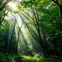 A beautiful natural-themed chat wallpaper for WhatsApp, showcasing a lush forest with sunlight streaming through the canopy, creating a serene and calming atmosphere