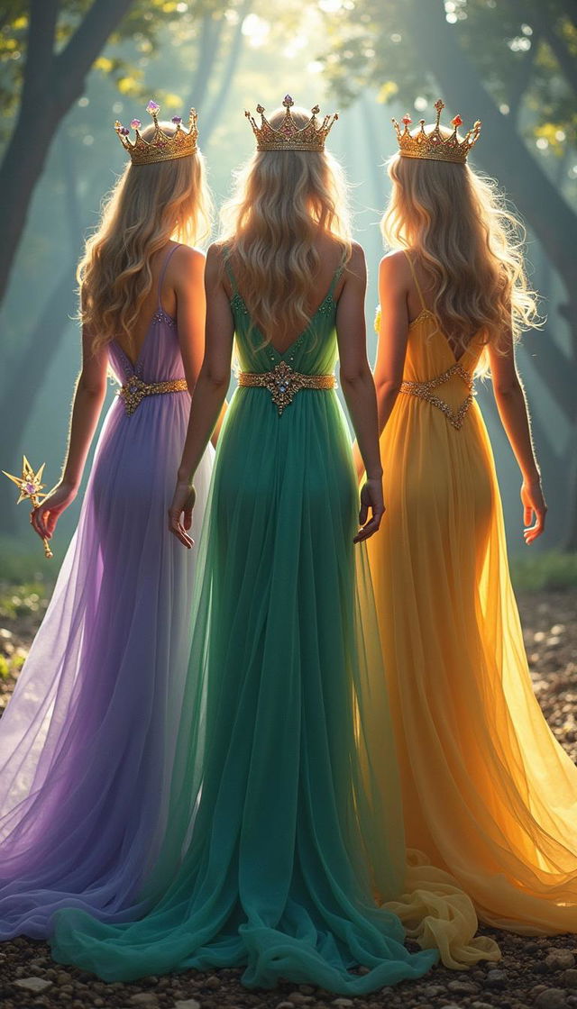 Three goddesses standing majestically in a serene, mystical landscape