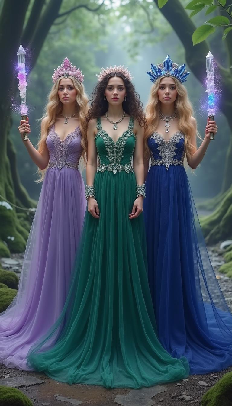 Three goddesses standing gracefully in a serene and mystical environment, each wearing a unique flowing dress