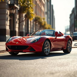 A sleek and stylish 'normal' sports car, featuring a streamlined body with smooth curves, a glossy red finish, and stylish chrome detailing