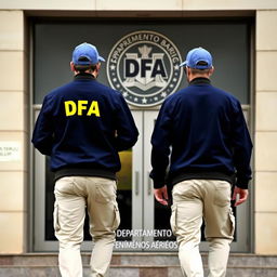 Two individuals wearing dark blue jackets with yellow letters on the back saying DFA, cream pants with pockets, and caps labeled DFA, are walking towards a building with a DFA symbol