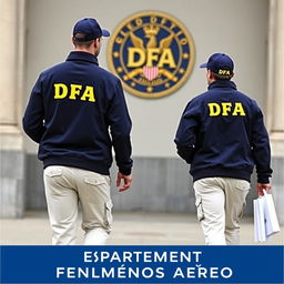 Two individuals wearing dark blue jackets with yellow letters on the back saying DFA, cream pants with pockets, and caps labeled DFA, are walking towards a building with a DFA symbol