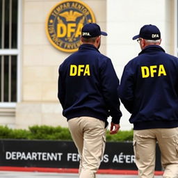 Two individuals wearing dark blue jackets with yellow letters on the back saying DFA, cream pants with pockets, and caps labeled DFA, are walking towards a building with a DFA symbol