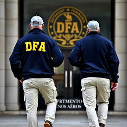 Two individuals wearing dark blue jackets with yellow letters on the back saying DFA, cream pants with pockets, and caps labeled DFA, are walking towards a building with a DFA symbol