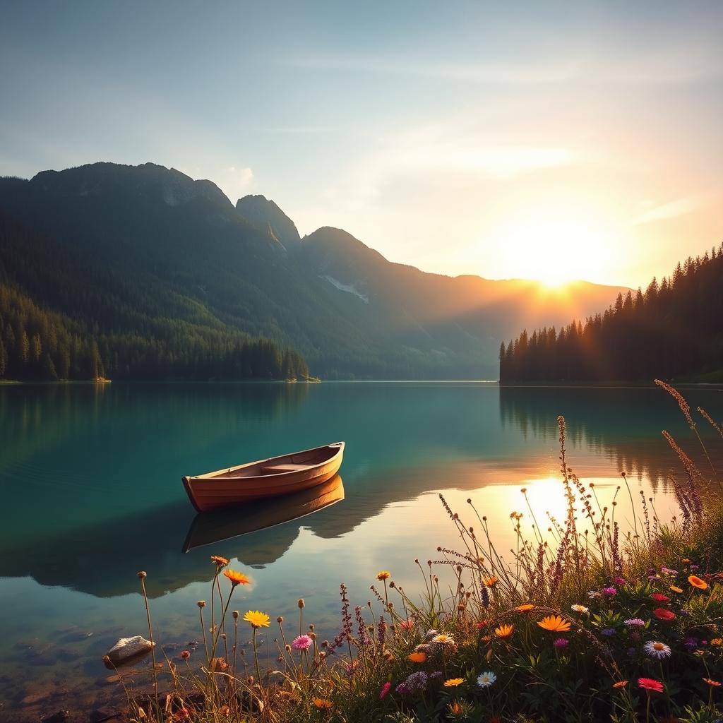 A tranquil, serene landscape featuring a crystal-clear lake surrounded by lush, verdant forests