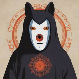 The anime character No Face from Spirited Away, morphed with elements of a fox, featuring a mystical third eye, imprinted with an illuminati sign.