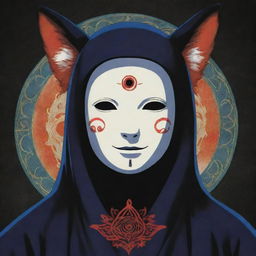 The anime character No Face from Spirited Away, morphed with elements of a fox, featuring a mystical third eye, imprinted with an illuminati sign.