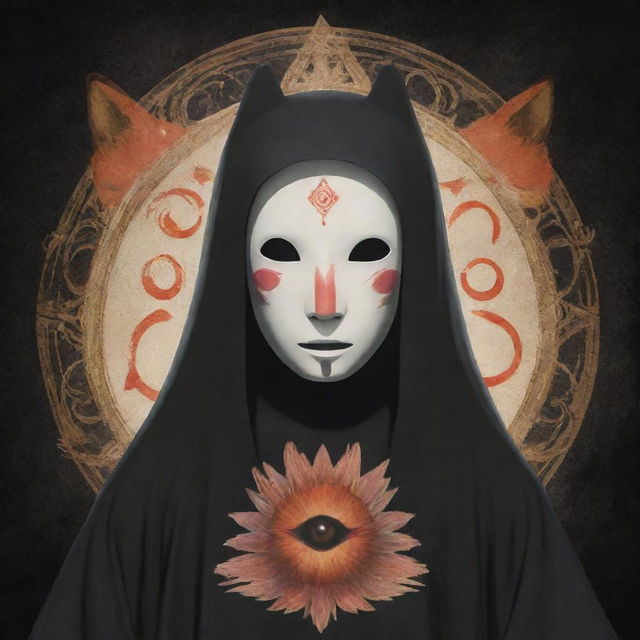 The anime character No Face from Spirited Away, morphed with elements of a fox, featuring a mystical third eye, imprinted with an illuminati sign.