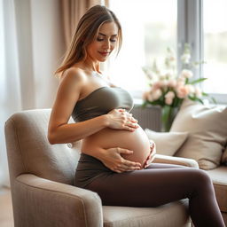 A pregnant woman with a serene expression, sitting on a comfortable chair in a cozy living room