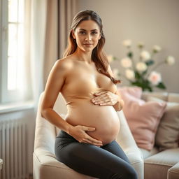 A pregnant woman with a serene expression, sitting on a comfortable chair in a cozy living room