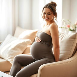 A pregnant woman with a serene expression, sitting on a comfortable chair in a cozy living room