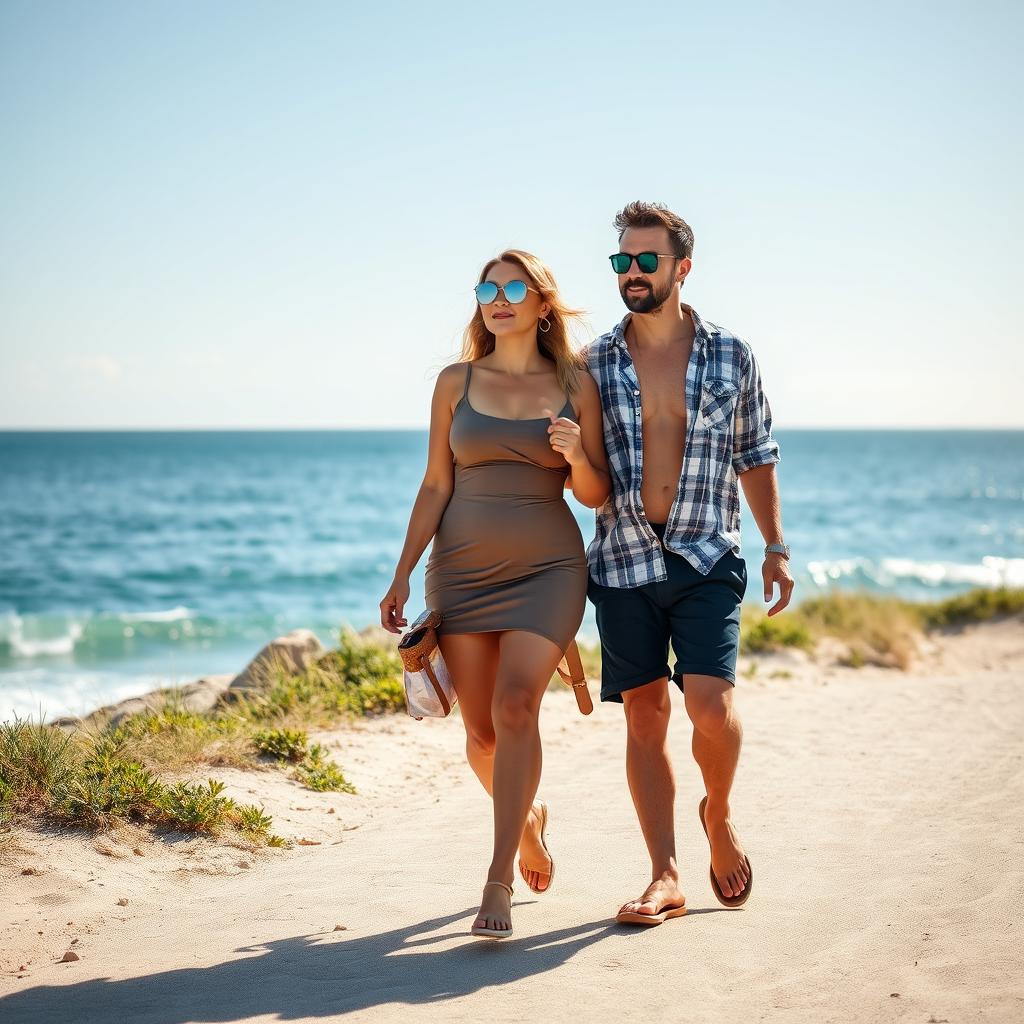 a couple walking to the beach, featuring a confident woman with a voluptuous figure and her husband by her side