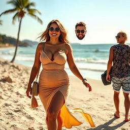 a couple walking to the beach, featuring a confident woman with a voluptuous figure and her husband by her side