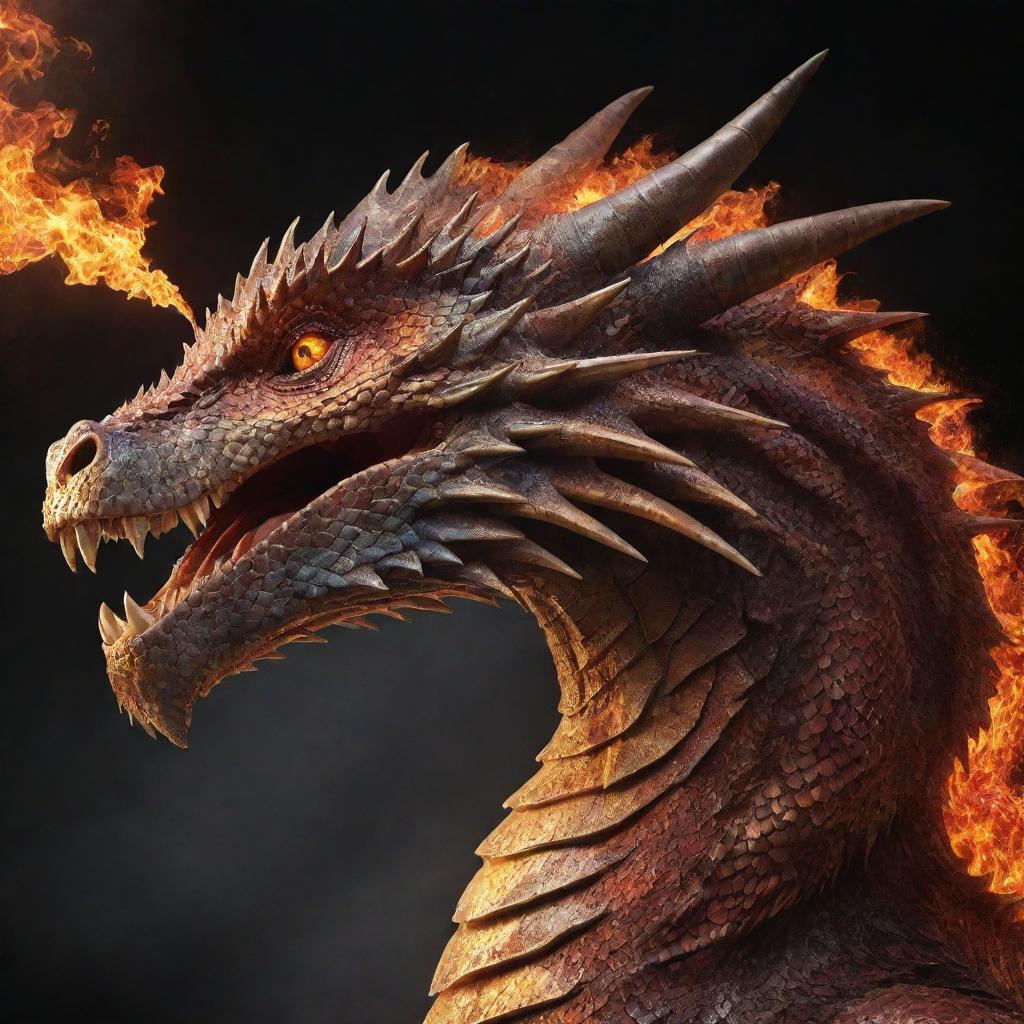 A detailed side profile of a majestic dragon, its scales glistening, as it forcefully exhales a fiery blast.