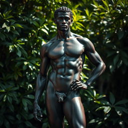 A black man standing proudly in an artistic pose, resembling a classical marble statue, with carefully sculpted physique and emphasis on the beauty of the human form