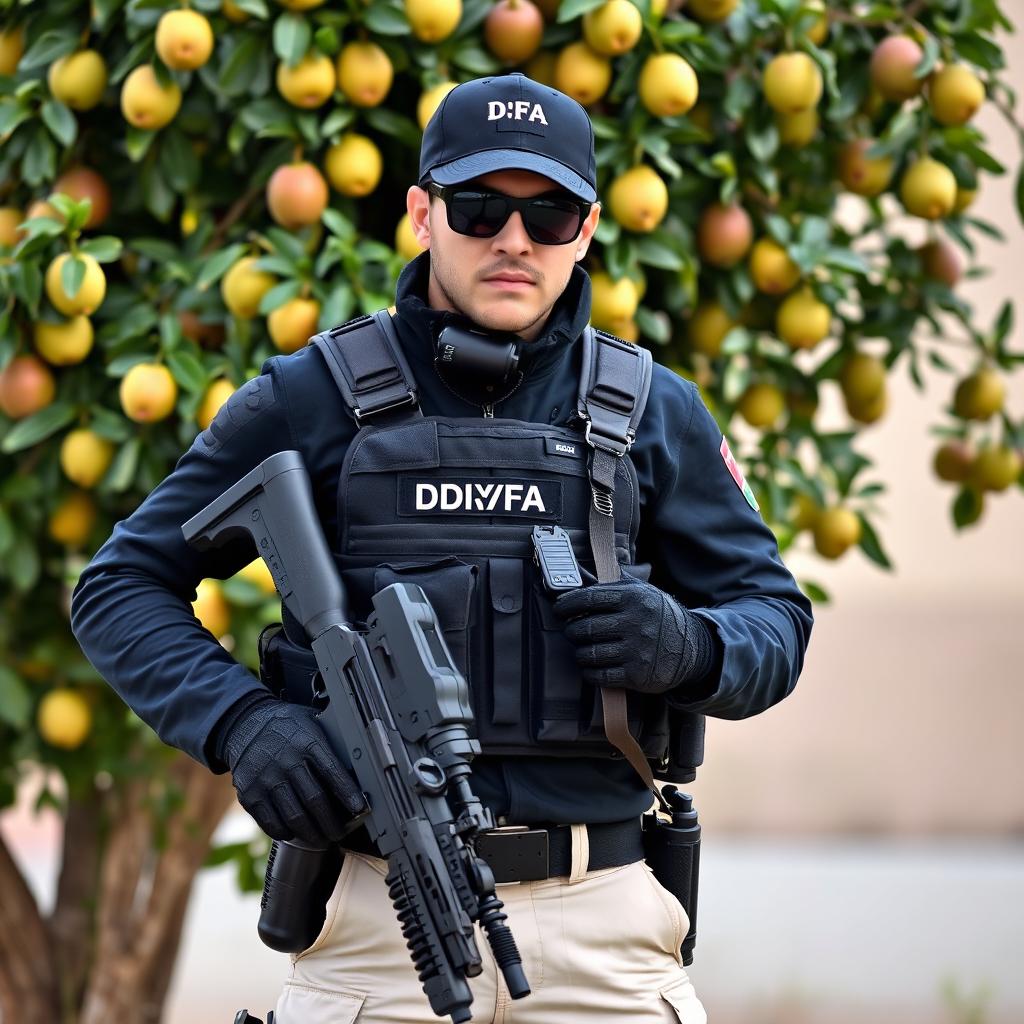 A soldier wearing a black cap with "DFA" written in white letters, sunglasses, and a communicator