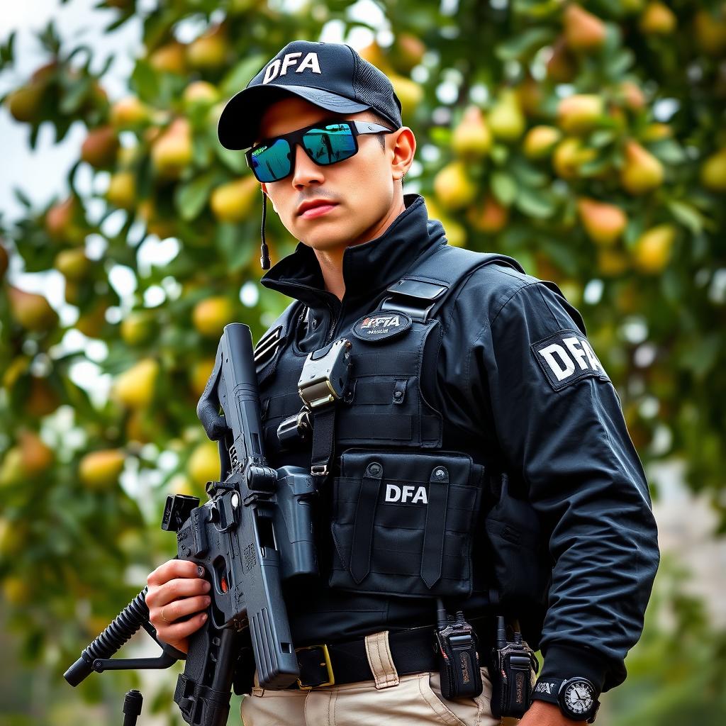 A soldier wearing a black cap with "DFA" written in white letters, sunglasses, and a communicator