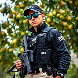 A soldier wearing a black cap with "DFA" written in white letters, sunglasses, and a communicator