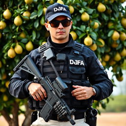 A soldier wearing a black cap with "DFA" written in white letters, sunglasses, and a communicator