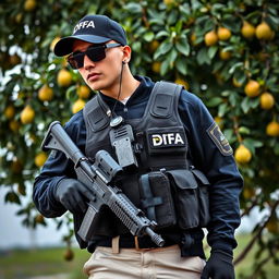 A soldier wearing a black cap with "DFA" written in white letters, sunglasses, and a communicator