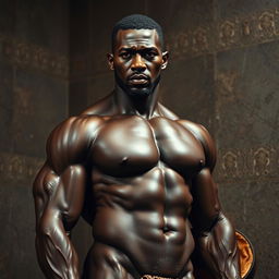 A powerful image capturing the strong physique of a black man, depicted in an artistic and respectful manner reminiscent of classical sculpture art