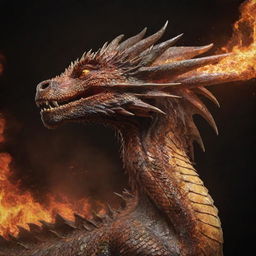 A detailed side profile of a majestic dragon, its scales glistening, as it forcefully exhales a fiery blast.