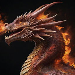 A detailed side profile of a majestic dragon, its scales glistening, as it forcefully exhales a fiery blast.