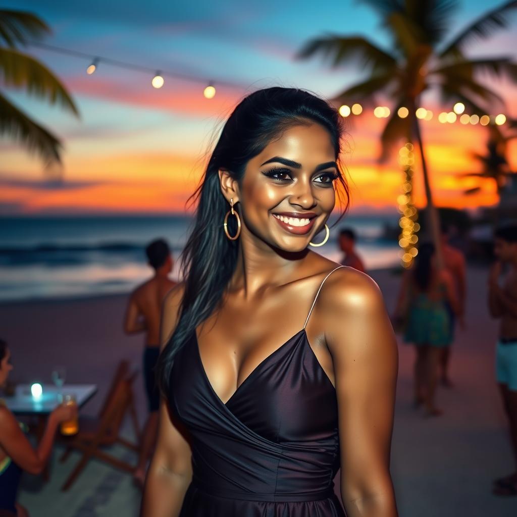 A stunning Indian woman with confidence, enjoying a lively beach party at night under a breathtaking sunset view