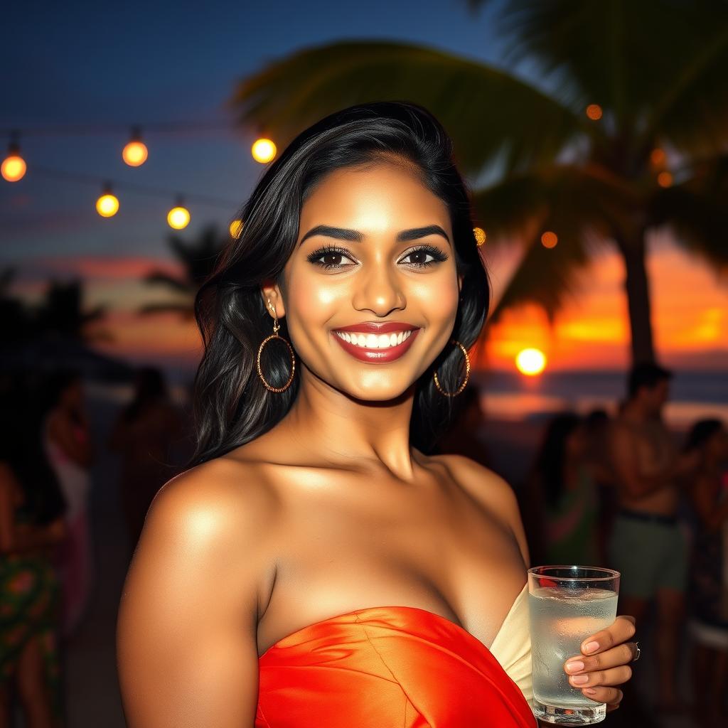 A stunning Indian woman with confidence, enjoying a lively beach party at night under a breathtaking sunset view