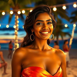 A stunning Indian woman with confidence, enjoying a lively beach party at night under a breathtaking sunset view