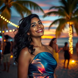 A stunning Indian woman with confidence, enjoying a lively beach party at night under a breathtaking sunset view