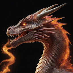 A detailed side profile of a majestic dragon, its scales glistening, as it forcefully exhales a fiery blast.