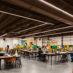 A bustling makerspace in a rectangular hall, filled with workstations, creativity enhancing tools, and comfortable seating zones designed for maximum productivity.