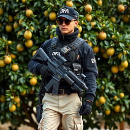 A soldier wearing a black cap with "DFA" written in white letters, sunglasses, and a communicator